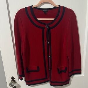 Talbots Red Cardigan with Navy blue Trim